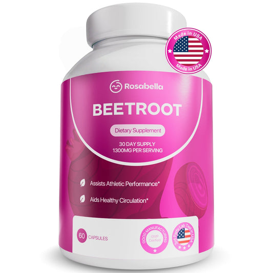 Rosabella Organic Beet Root Capsules - 1300mg Beet Root Powder Aids Healthy Circulation & Vitality, Non-GMO, Beet Root Supplement - 60 Capsules, 30-Day Supply